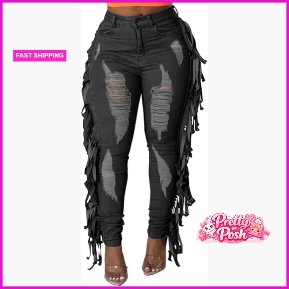High Waisted Ripped Jeans Cut Out Destroyed Distressed Denim Pants
